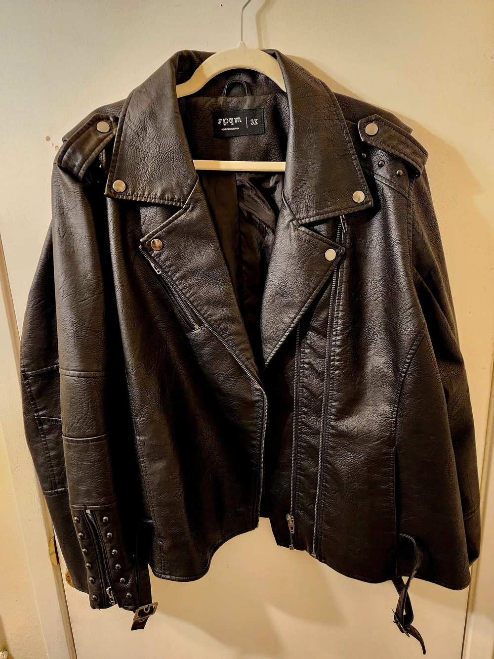 SPYM Plus-Size 3X Black Faux/VEGAN Studded Leather Moto Biker Jacket